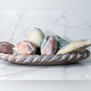 Vintage Large Mexican Handpainted Terracotta 6 Pc Fruit Mix & Bowl/Basket MCM